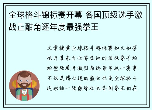 全球格斗锦标赛开幕 各国顶级选手激战正酣角逐年度最强拳王