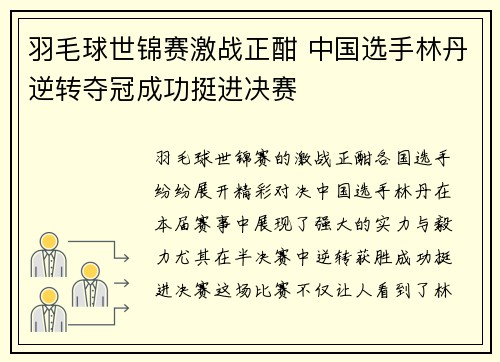 羽毛球世锦赛激战正酣 中国选手林丹逆转夺冠成功挺进决赛
