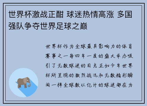 世界杯激战正酣 球迷热情高涨 多国强队争夺世界足球之巅